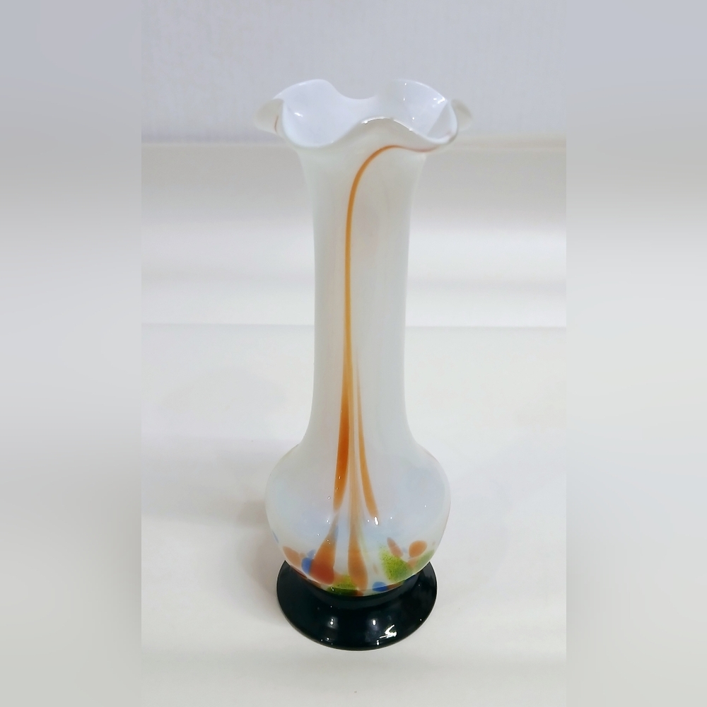 Vintage White Blown Glass Vase with Colorful Accents